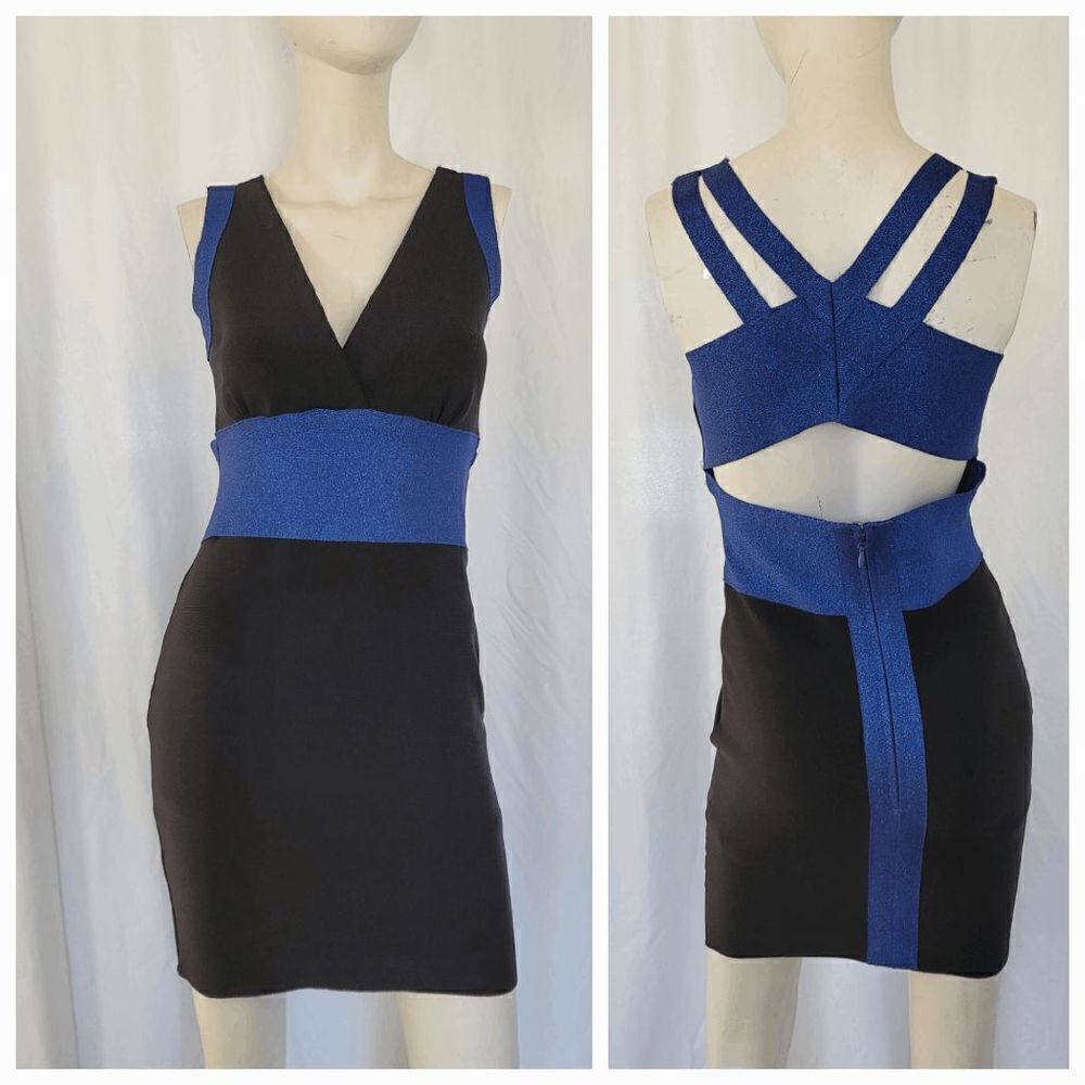 Fora metallic blue black bandage dress size L